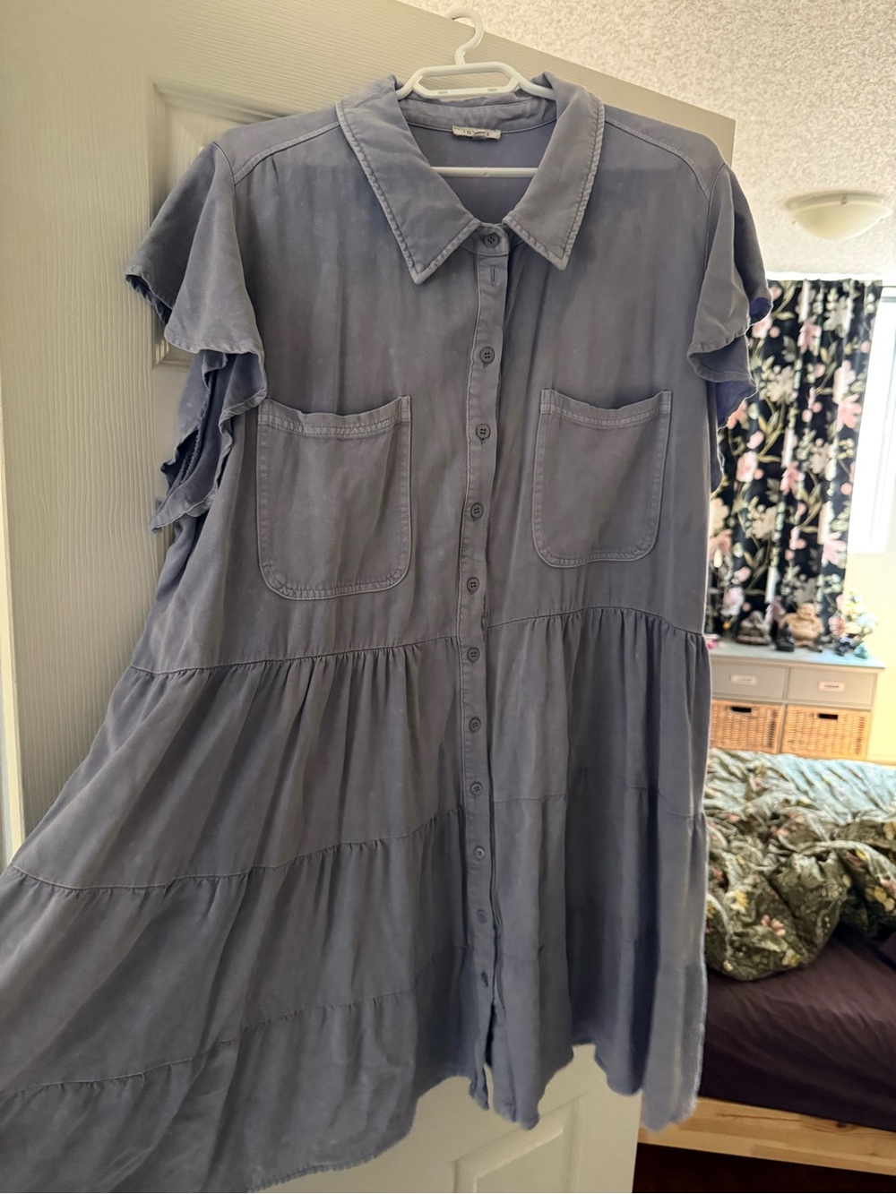 Button-Front Ruffle Sleeve Tiered Dress